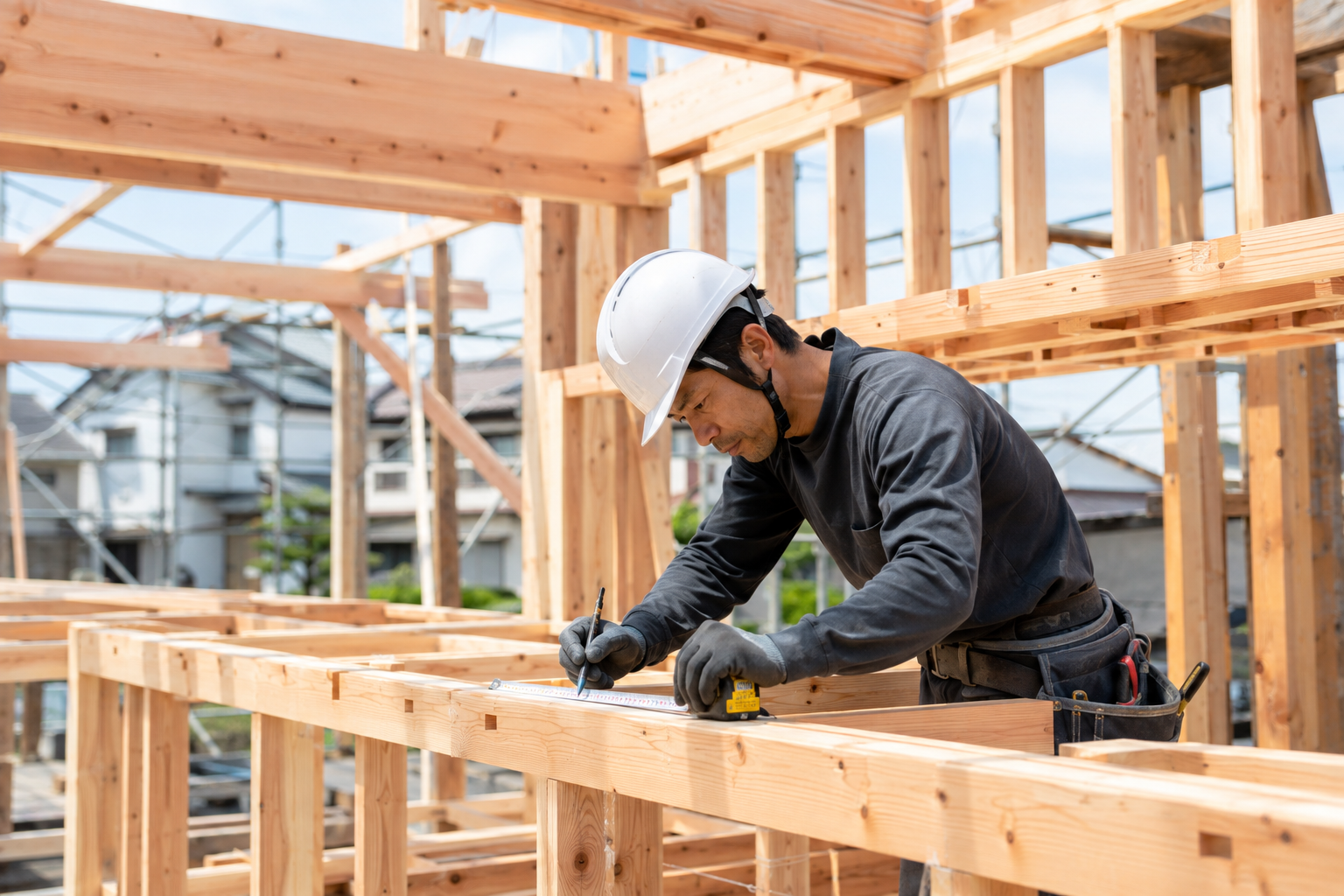 木造住宅の建築現場で作業する職人