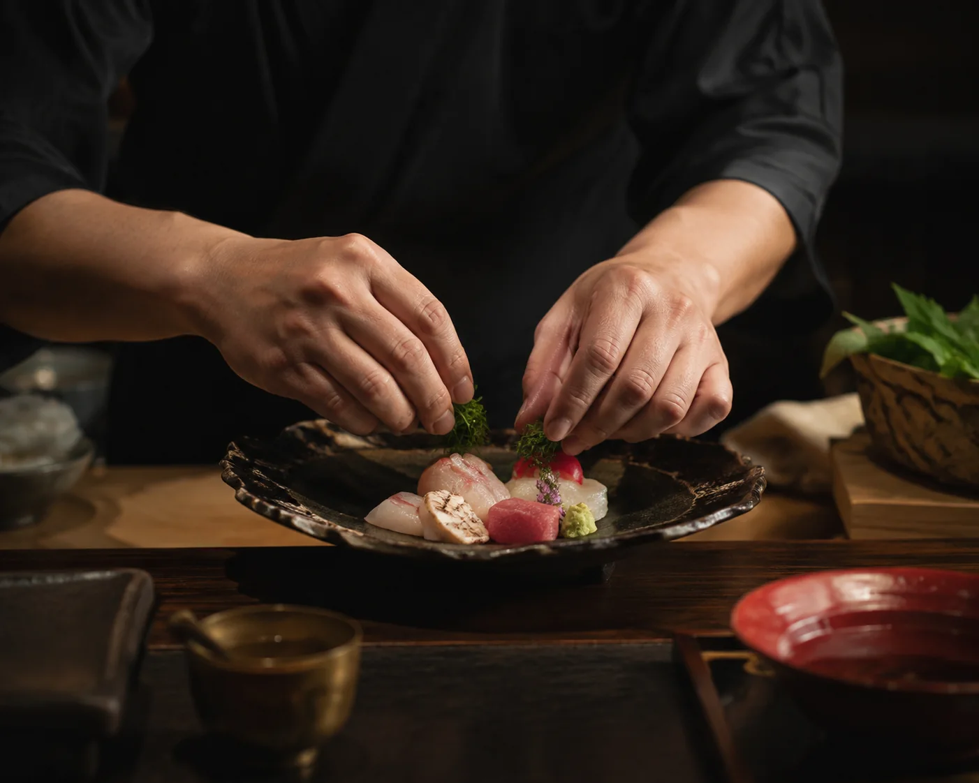 季節の料理を丁寧に盛り付ける料理人の手元