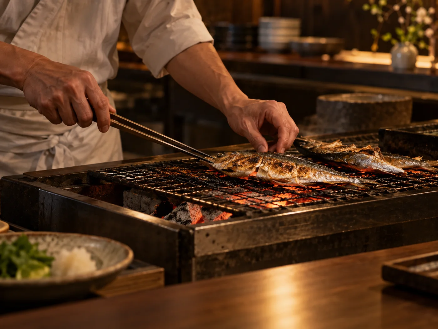 炭火で魚を焼き上げる料理人の手元